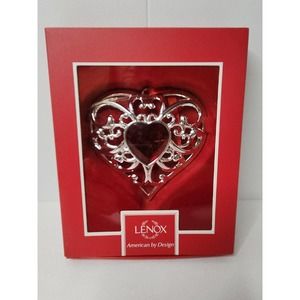 LENOX Gemmed Heart Silverplate Ornament With Red Stone Center. New